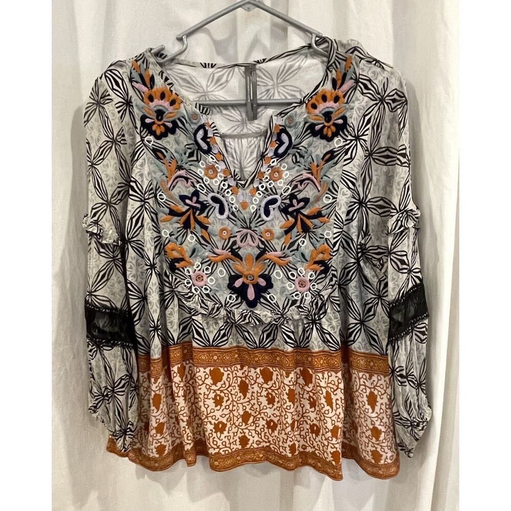 Anthropologie Terri Embroidered Peasant Boho Top Mixed Print S Rust Black Cream - Picture 3 of 13